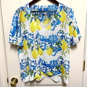 Plus Size Lemon Print Italian Knit Boho Top 2X/3X Resort Summer Blouse